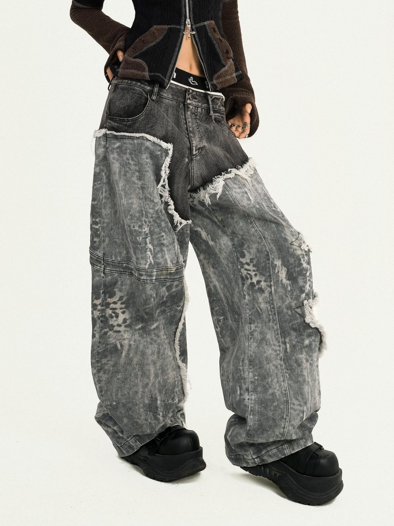 Nico Molly Vintage Black Patchwork Layered Frayed Hem Women's Denim Wide-leg Jeans