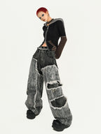 Nico Molly Vintage Black Patchwork Layered Frayed Hem Women's Denim Wide-leg Jeans