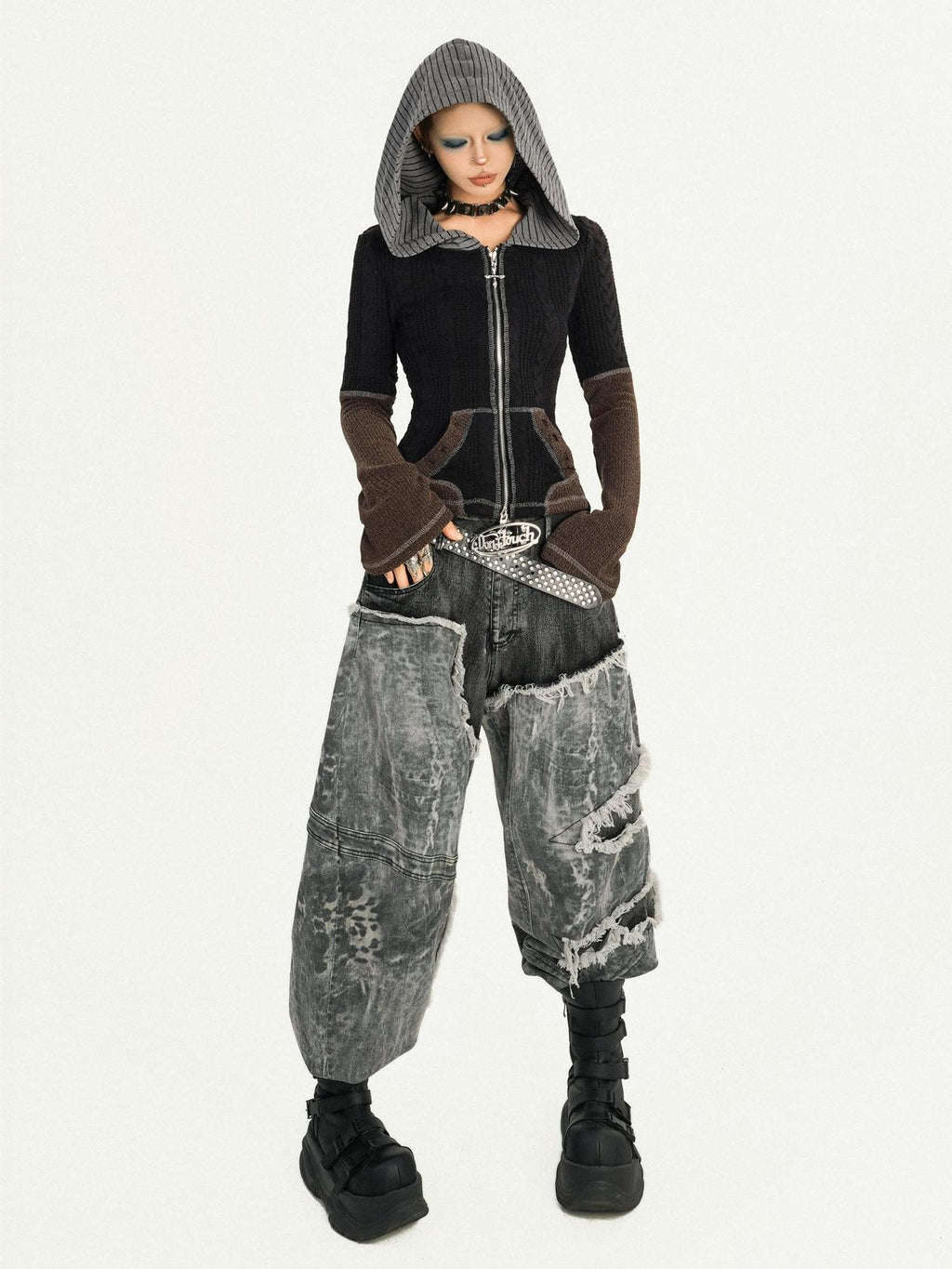 Nico Molly Vintage Black Patchwork Layered Frayed Hem Women's Denim Wide-leg Jeans