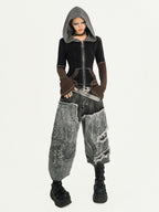 Nico Molly Vintage Black Patchwork Layered Frayed Hem Women's Denim Wide-leg Jeans