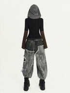 Nico Molly Vintage Black Patchwork Layered Frayed Hem Women's Denim Wide-leg Jeans