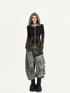 Nico Molly Vintage Black Patchwork Layered Frayed Hem Women's Denim Wide-leg Jeans