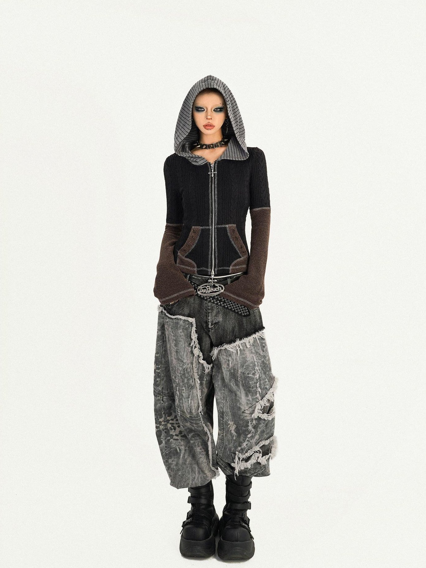 Nico Molly Vintage Black Patchwork Layered Frayed Hem Women's Denim Wide-leg Jeans
