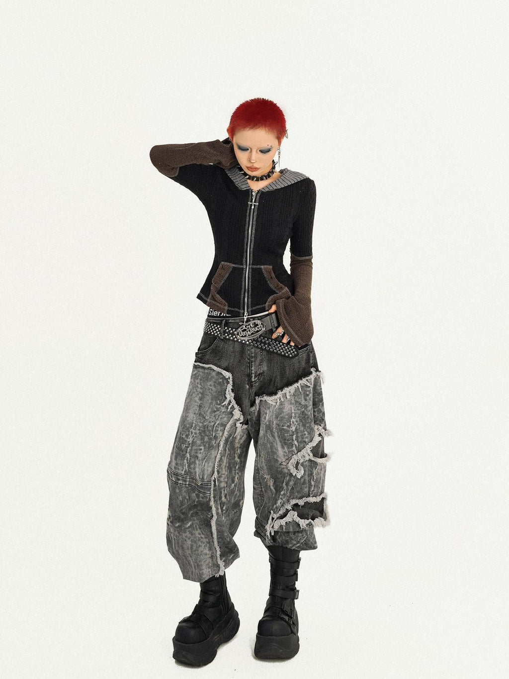 Nico Molly Vintage Black Patchwork Layered Frayed Hem Women's Denim Wide-leg Jeans