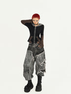Nico Molly Vintage Black Patchwork Layered Frayed Hem Women's Denim Wide-leg Jeans