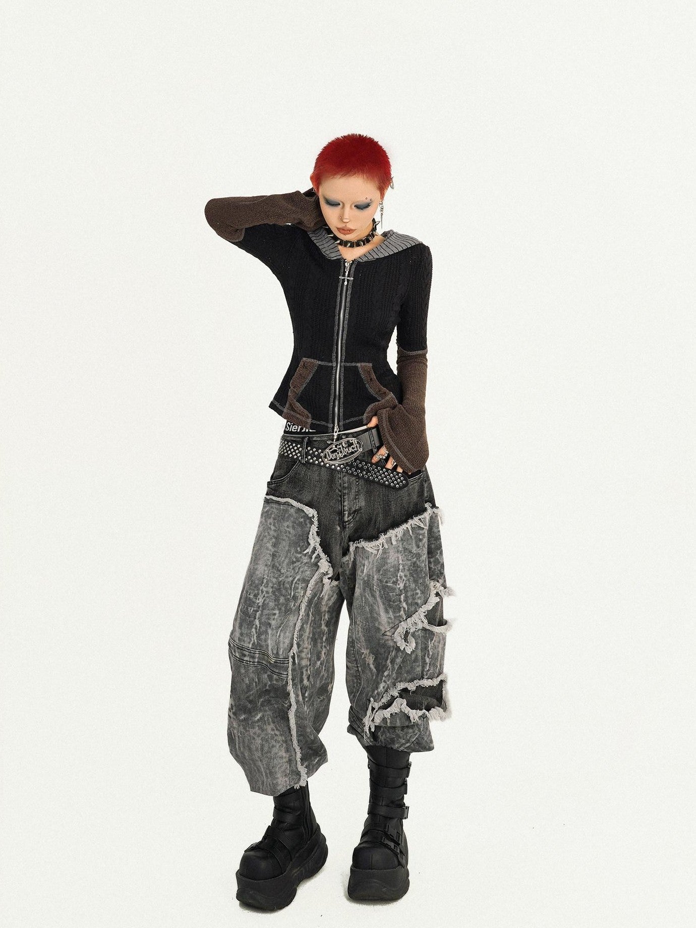 Nico Molly Vintage Black Patchwork Layered Frayed Hem Women's Denim Wide-leg Jeans