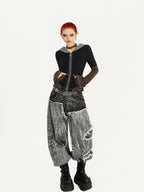 Nico Molly Vintage Black Patchwork Layered Frayed Hem Women's Denim Wide-leg Jeans