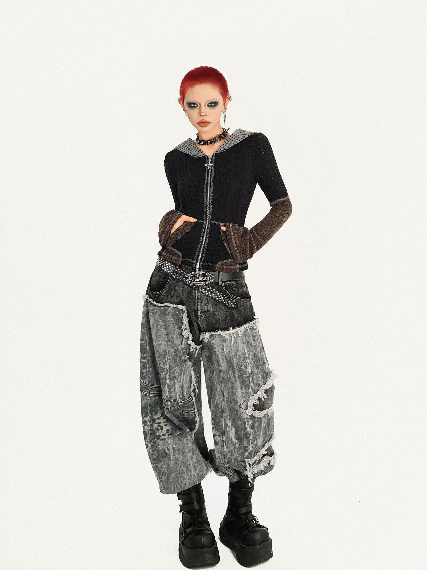 Nico Molly Vintage Black Patchwork Layered Frayed Hem Women's Denim Wide-leg Jeans