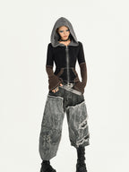 Nico Molly Vintage Black Patchwork Layered Frayed Hem Women's Denim Wide-leg Jeans