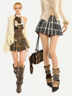 Nico Molly Vintage Black Plaid Pleated High Waist A Line Women's Mini Skirts