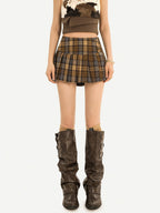 Nico Molly Vintage Black Plaid Pleated High Waist A Line Women's Mini Skirts
