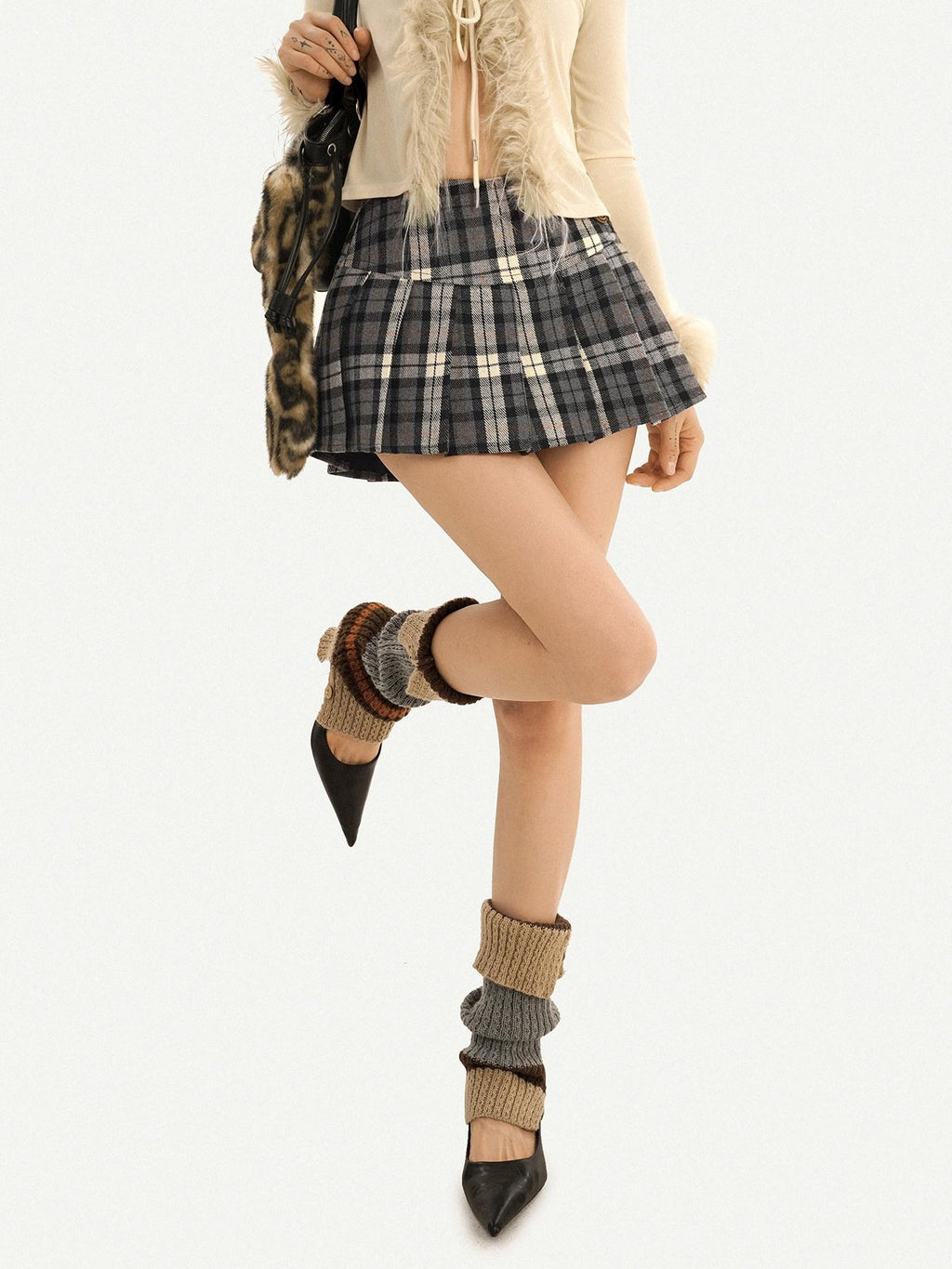 Nico Molly Vintage Black Plaid Pleated High Waist A Line Women's Mini Skirts