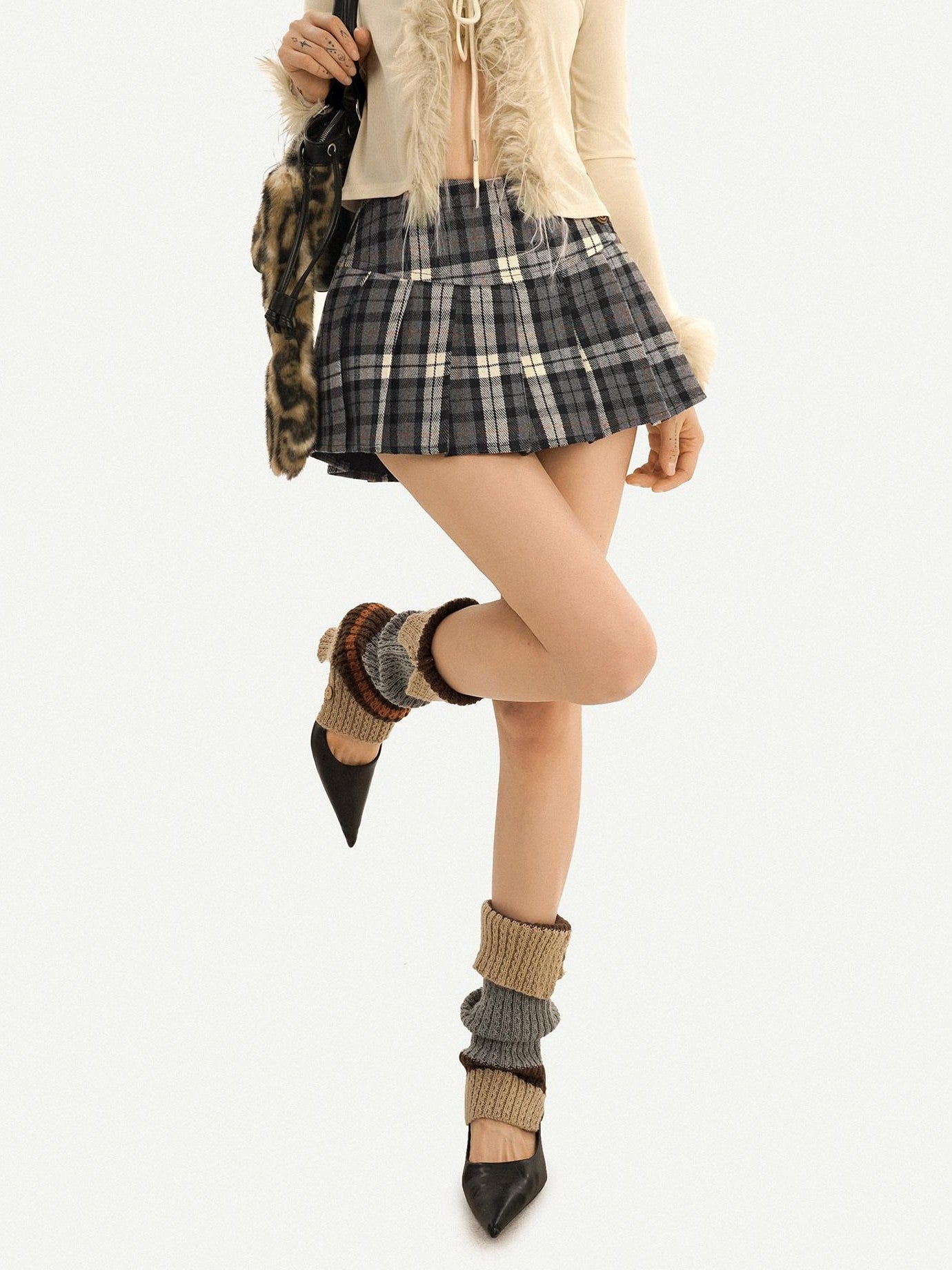 Nico Molly Vintage Black Plaid Pleated High Waist A Line Women's Mini Skirts
