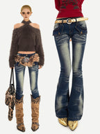 Nico Molly Vintage Blue Curved Cut Low Rise Pocket Detail Women's Rigid Denim Skinny Jeans
