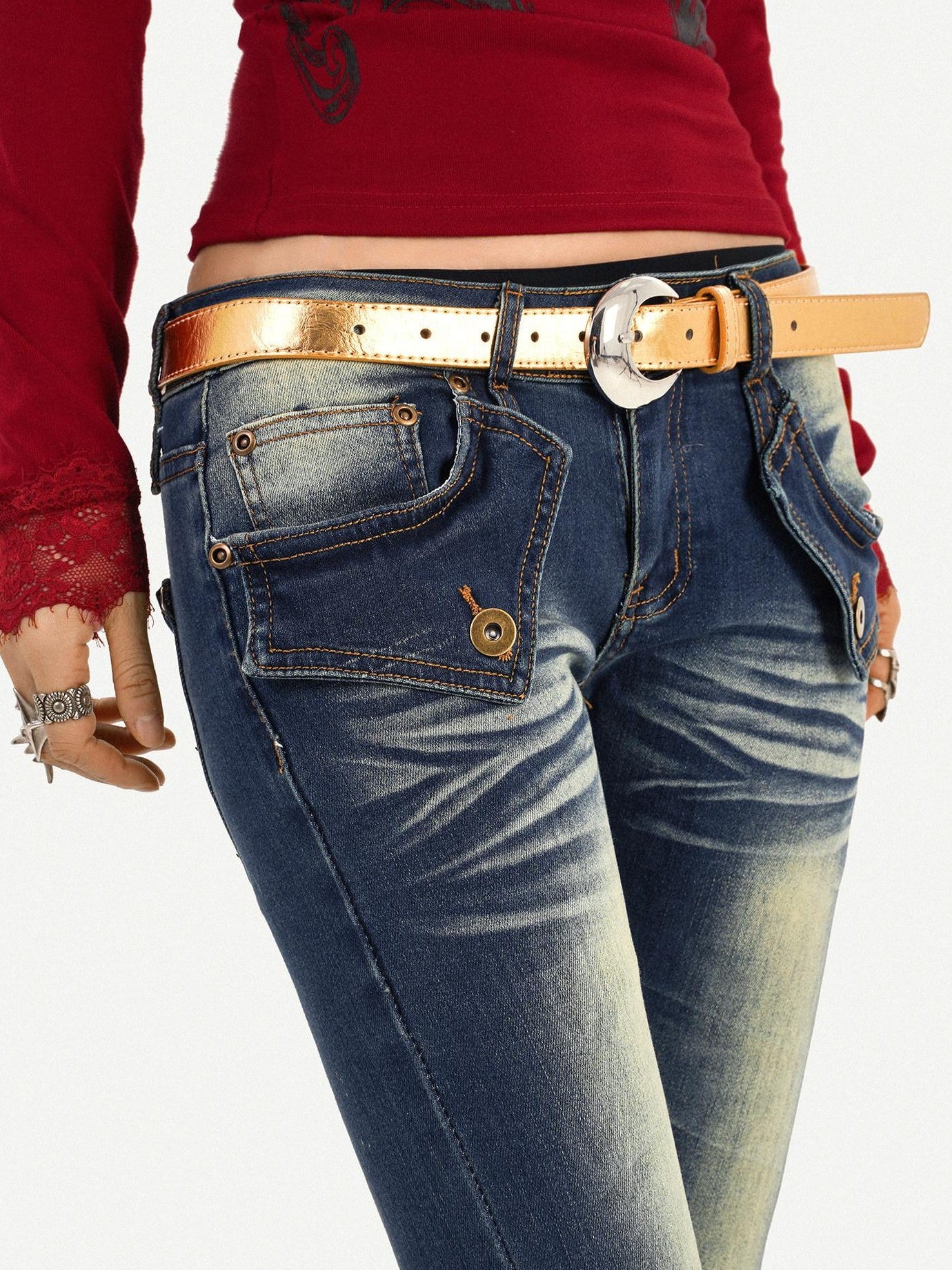 Nico Molly Vintage Blue Curved Cut Low Rise Pocket Detail Women's Rigid Denim Skinny Jeans