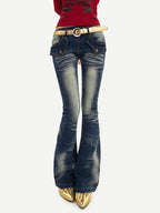 Nico Molly Vintage Blue Curved Cut Low Rise Pocket Detail Women's Rigid Denim Skinny Jeans