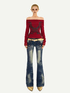 Nico Molly Vintage Blue Curved Cut Low Rise Pocket Detail Women's Rigid Denim Skinny Jeans
