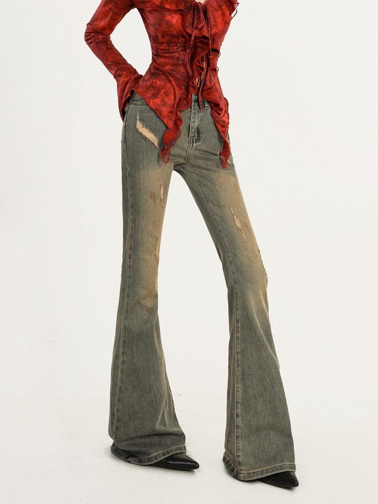 Nico Molly Vintage Blue Distressed High Waist Slim Women's Slight Stretch Flare Jeans