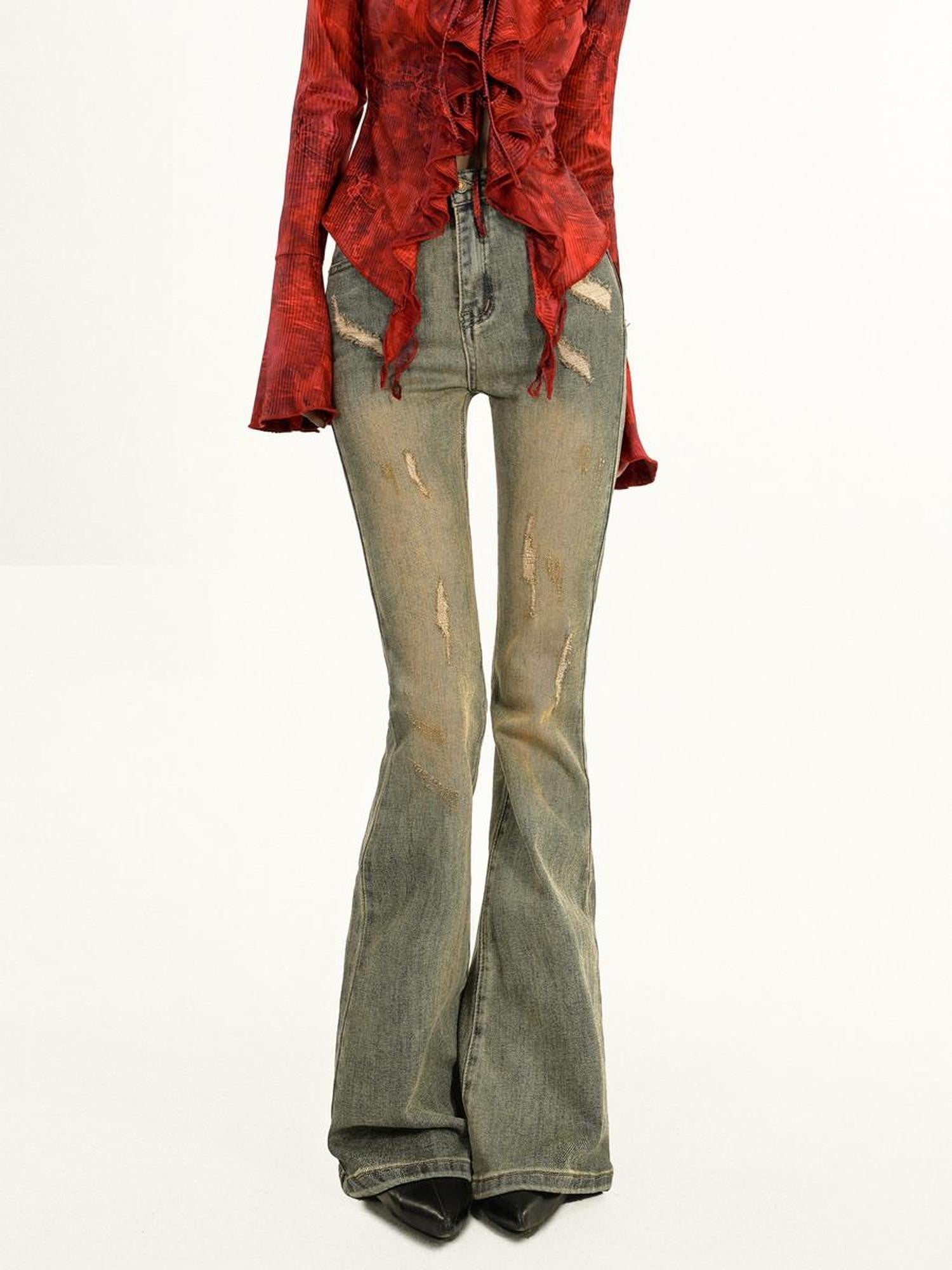 Nico Molly Vintage Blue Distressed High Waist Slim Women's Slight Stretch Flare Jeans