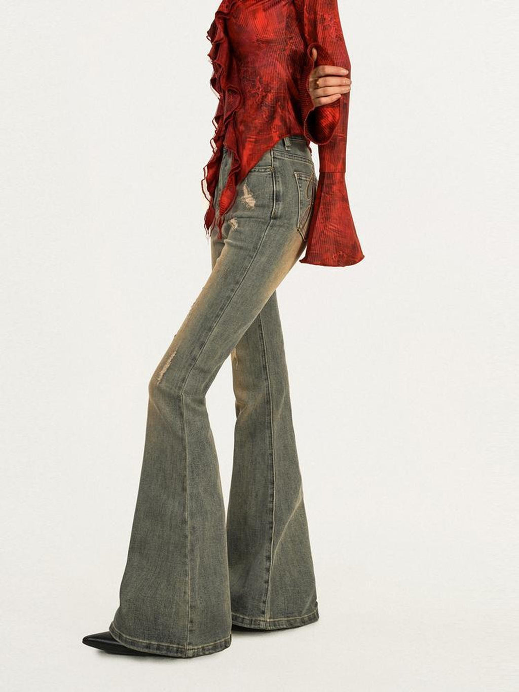 Nico Molly Vintage Blue Distressed High Waist Slim Women's Slight Stretch Flare Jeans