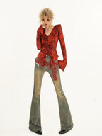 Nico Molly Vintage Blue Distressed High Waist Slim Women's Slight Stretch Flare Jeans