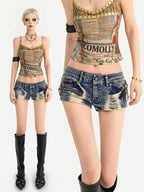 Nico Molly Vintage Blue Distressed Zipper Low Rise Straight Women's Denim Shorts
