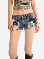 Nico Molly Vintage Blue Distressed Zipper Low Rise Straight Women's Denim Shorts