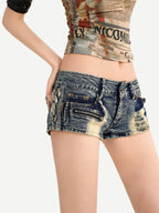 Nico Molly Vintage Blue Distressed Zipper Low Rise Straight Women's Denim Shorts
