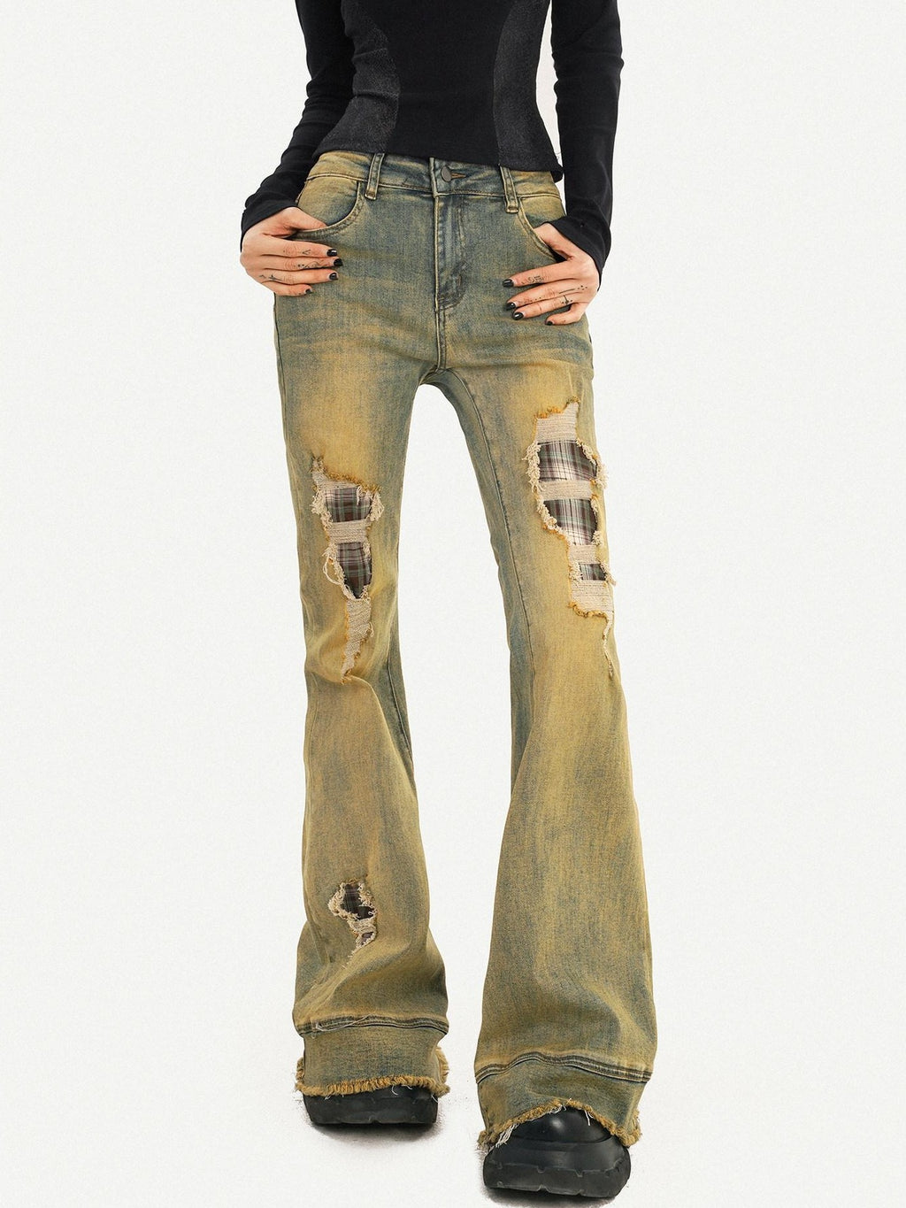 Nico Molly Vintage Blue Retro Patchwork Ripped Low Waist Women's Flare Jeans