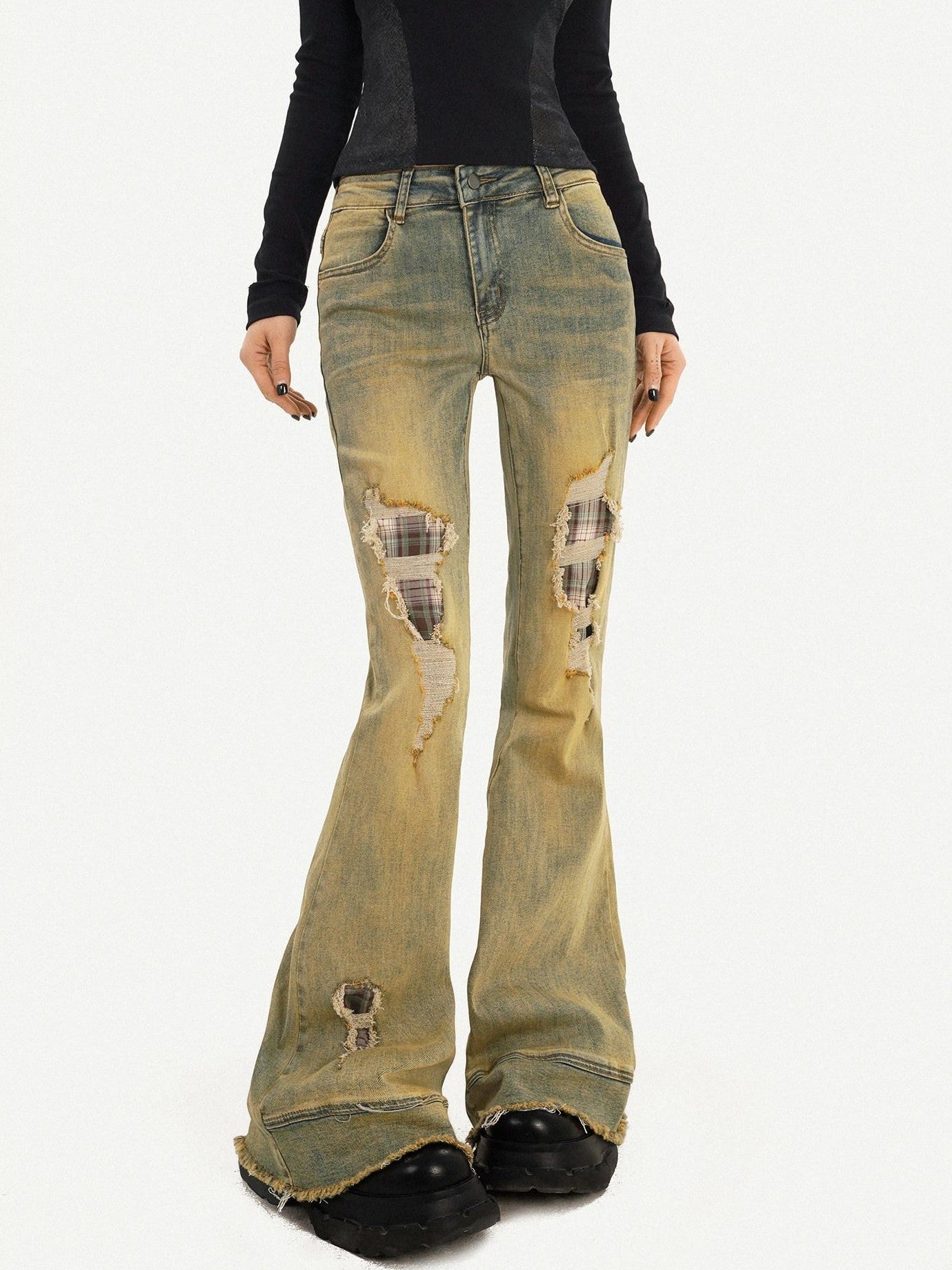Nico Molly Vintage Blue Retro Patchwork Ripped Low Waist Women's Flare Jeans