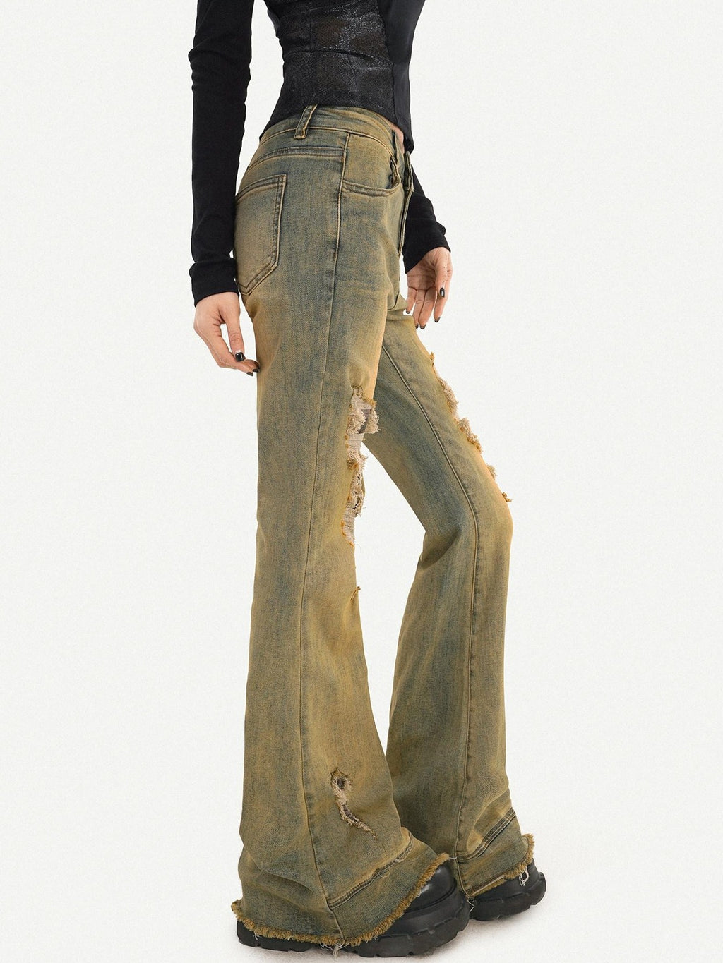 Nico Molly Vintage Blue Retro Patchwork Ripped Low Waist Women's Flare Jeans