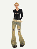 Nico Molly Vintage Blue Retro Patchwork Ripped Low Waist Women's Flare Jeans