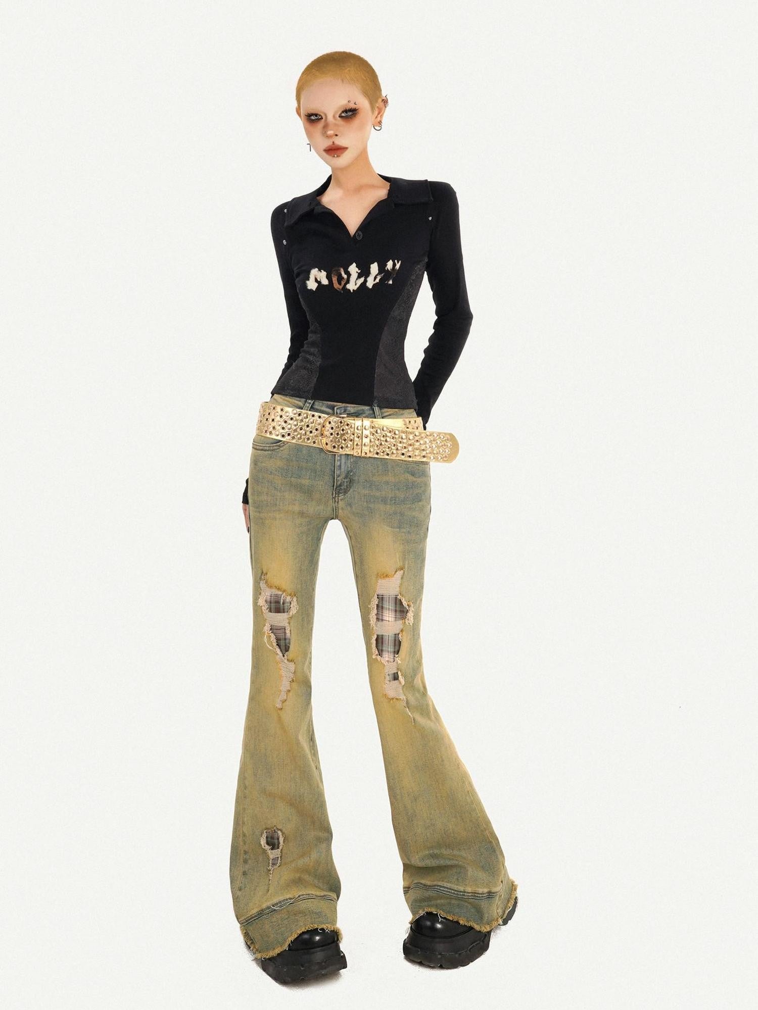 Nico Molly Vintage Blue Retro Patchwork Ripped Low Waist Women's Flare Jeans