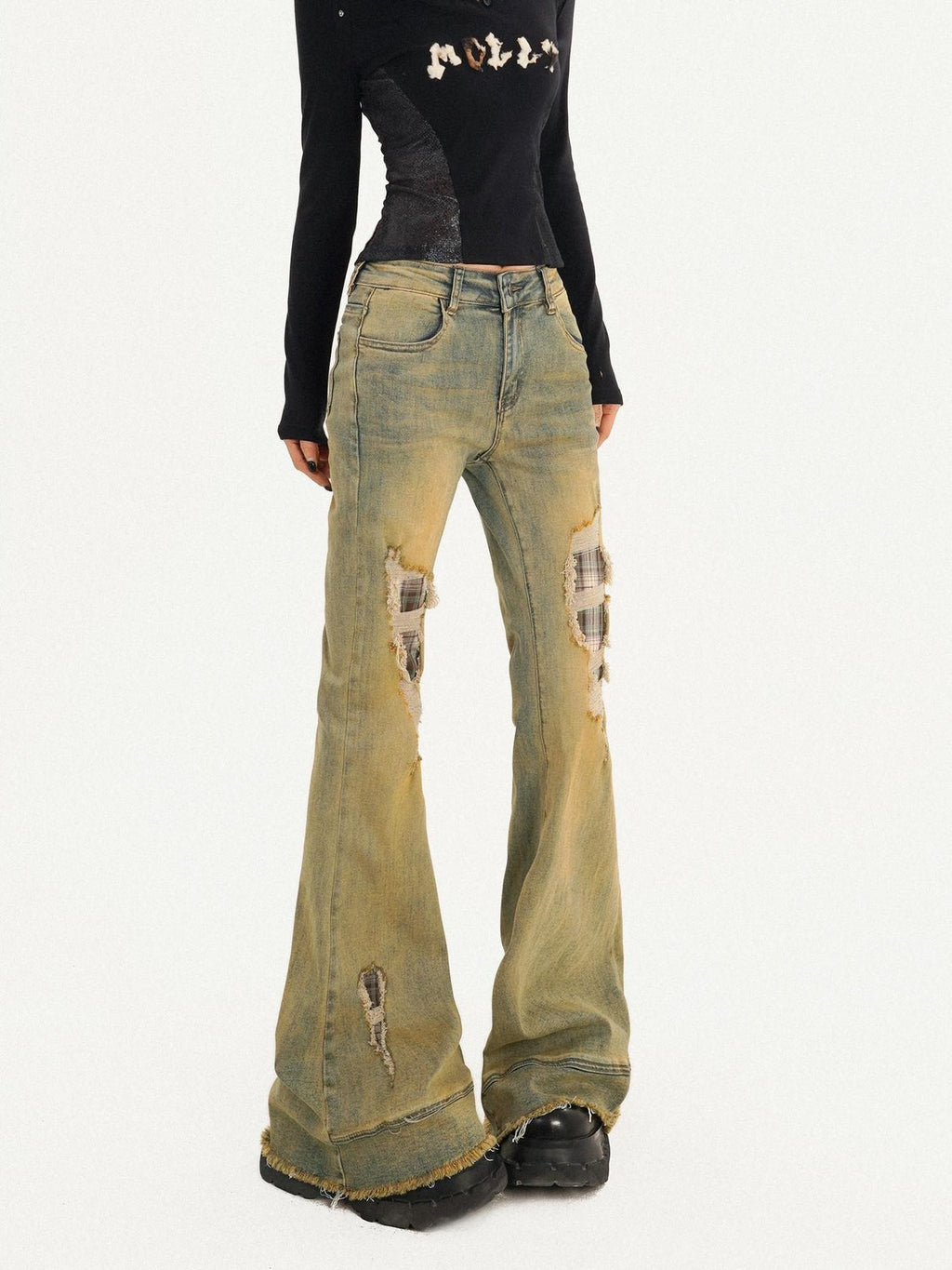 Nico Molly Vintage Blue Retro Patchwork Ripped Low Waist Women's Flare Jeans