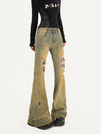 Nico Molly Vintage Blue Retro Patchwork Ripped Low Waist Women's Flare Jeans