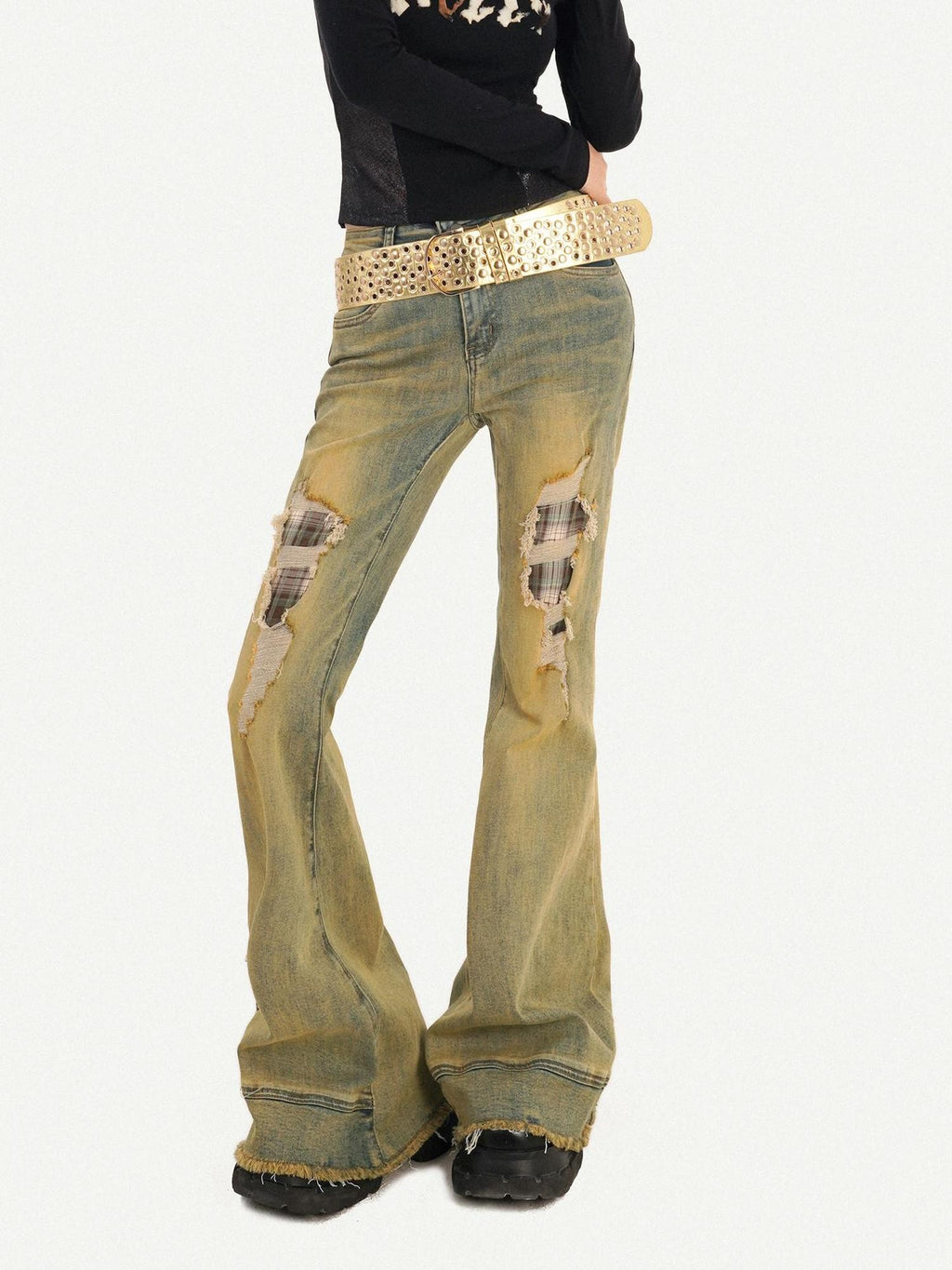 Nico Molly Vintage Blue Retro Patchwork Ripped Low Waist Women's Flare Jeans