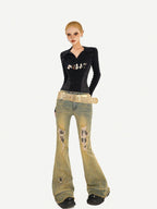 Nico Molly Vintage Blue Retro Patchwork Ripped Low Waist Women's Flare Jeans
