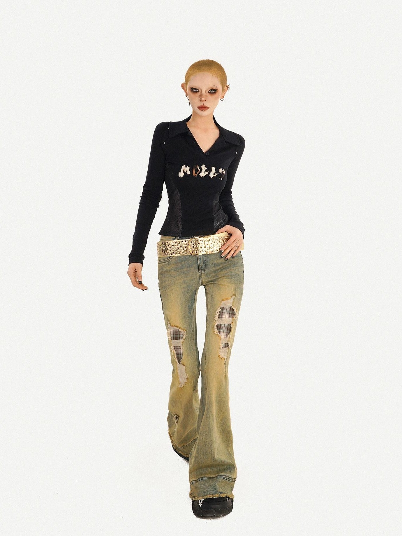 Nico Molly Vintage Blue Retro Patchwork Ripped Low Waist Women's Flare Jeans