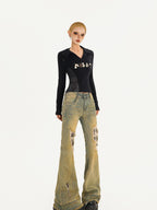 Nico Molly Vintage Blue Retro Patchwork Ripped Low Waist Women's Flare Jeans