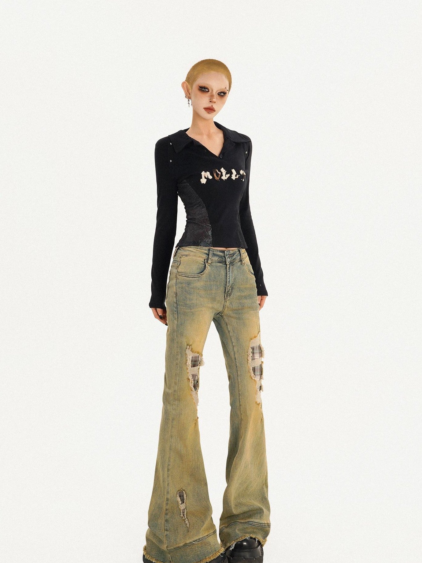 Nico Molly Vintage Blue Retro Patchwork Ripped Low Waist Women's Flare Jeans