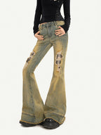 Nico Molly Vintage Blue Retro Patchwork Ripped Low Waist Women's Flare Jeans