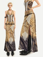 Nico Molly Vintage Brown Patchwork Lace Halter V-neck Women's Slip Maxi Dresses