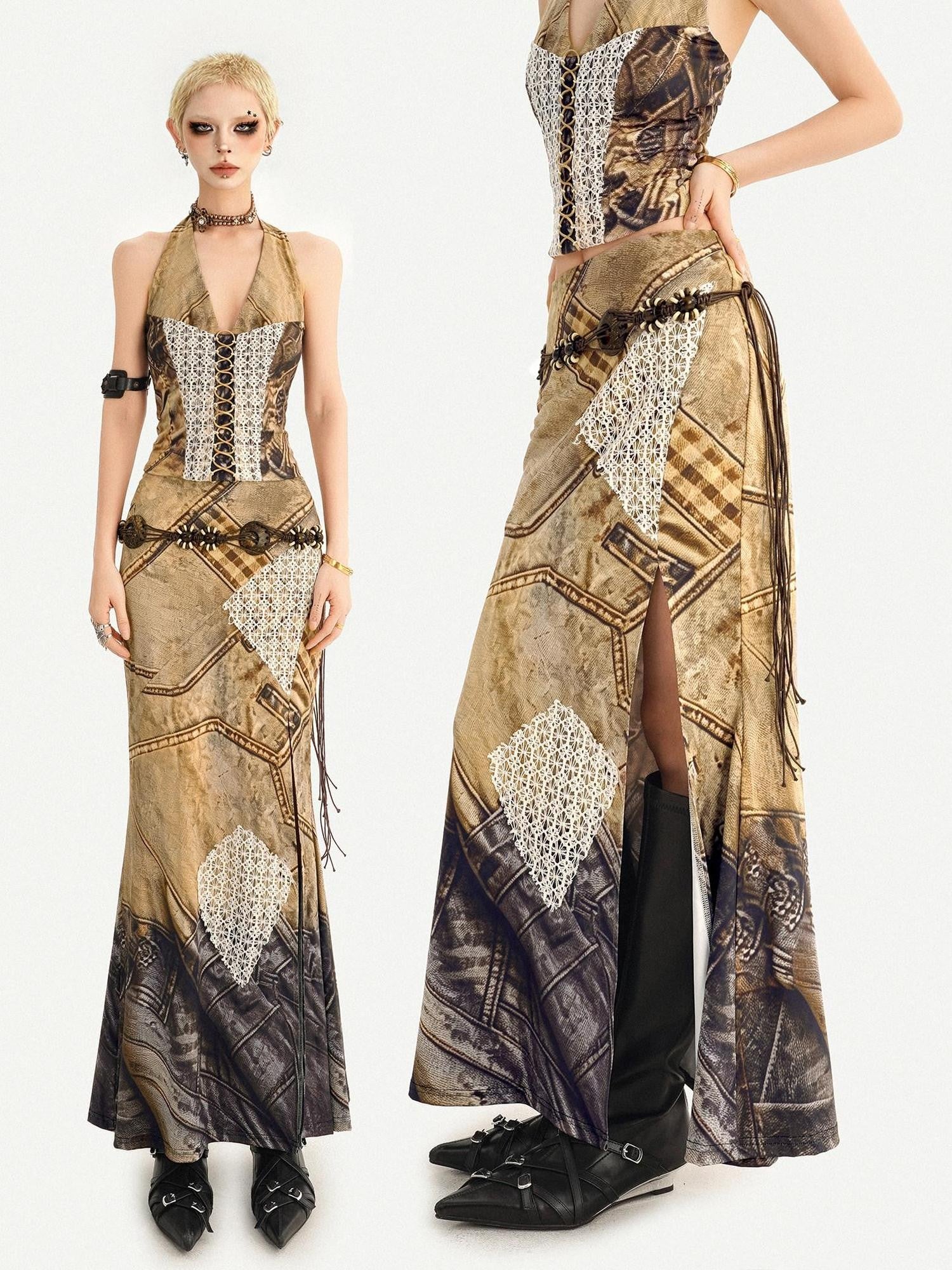 Nico Molly Vintage Brown Patchwork Lace Halter V-neck Women's Slip Maxi Dresses