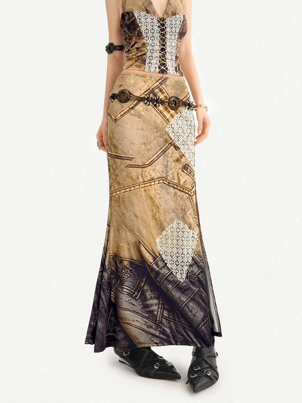 Nico Molly Vintage Brown Patchwork Lace Halter V-neck Women's Slip Maxi Dresses