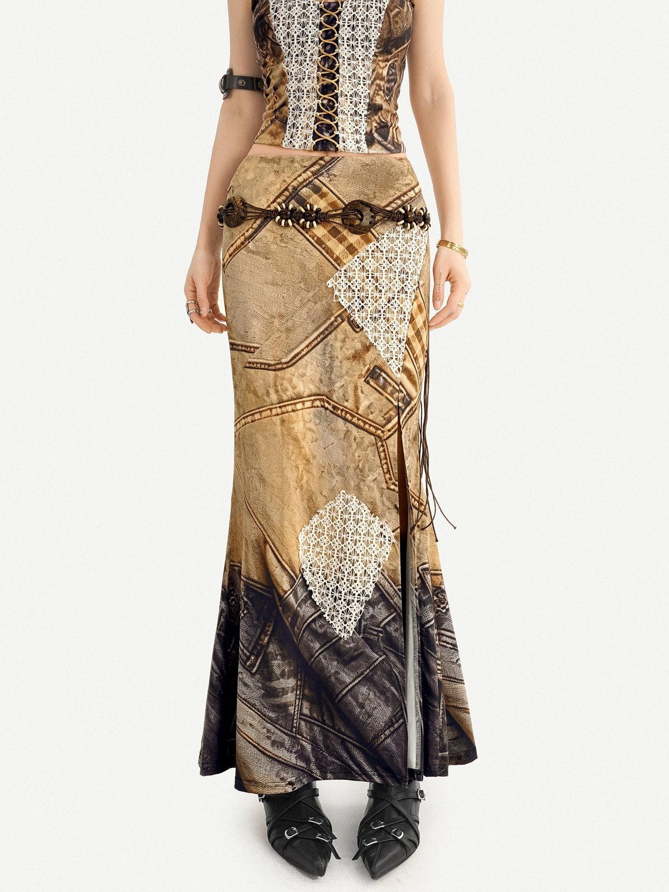 Nico Molly Vintage Brown Patchwork Lace Halter V-neck Women's Slip Maxi Dresses