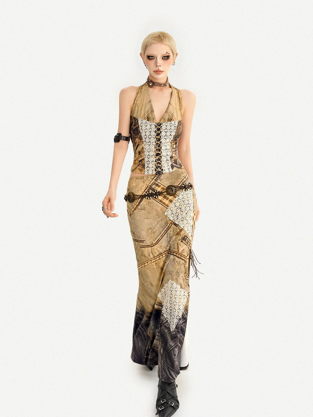 Nico Molly Vintage Brown Patchwork Lace Halter V-neck Women's Slip Maxi Dresses