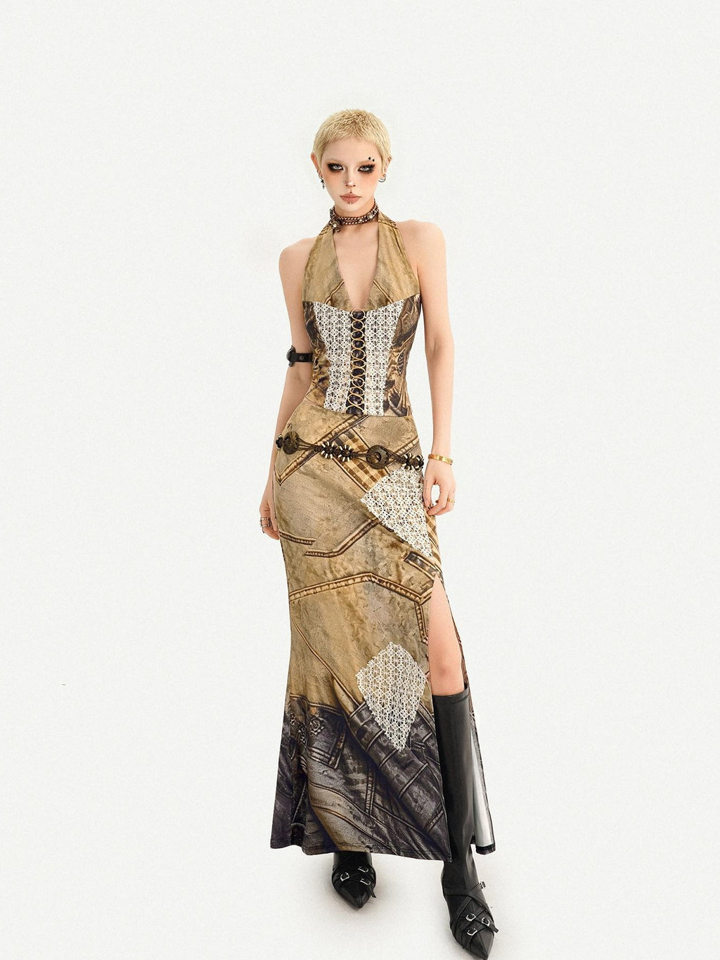 Nico Molly Vintage Brown Patchwork Lace Halter V-neck Women's Slip Maxi Dresses