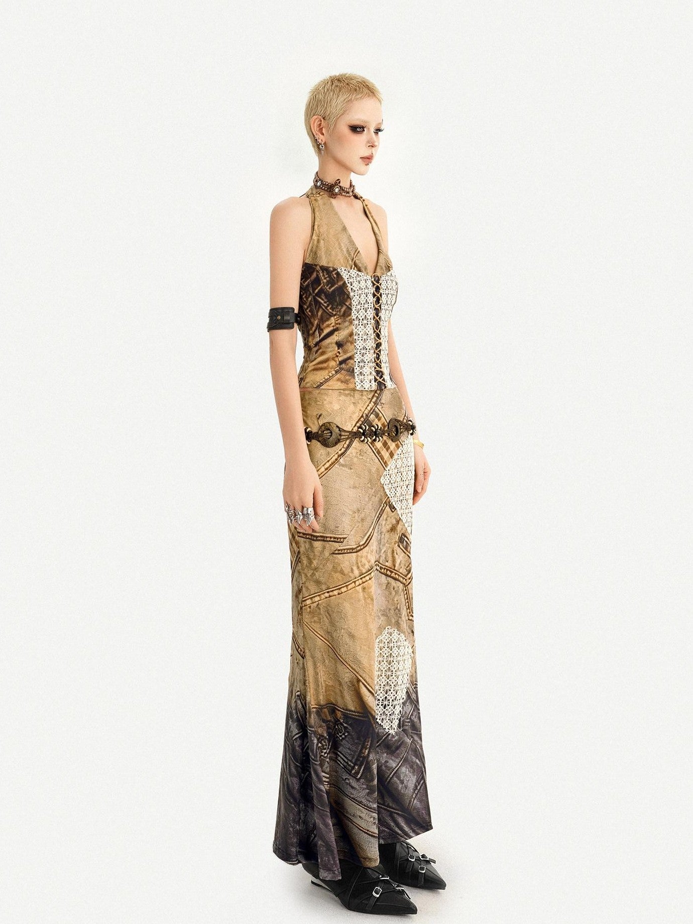 Nico Molly Vintage Brown Patchwork Lace Halter V-neck Women's Slip Maxi Dresses