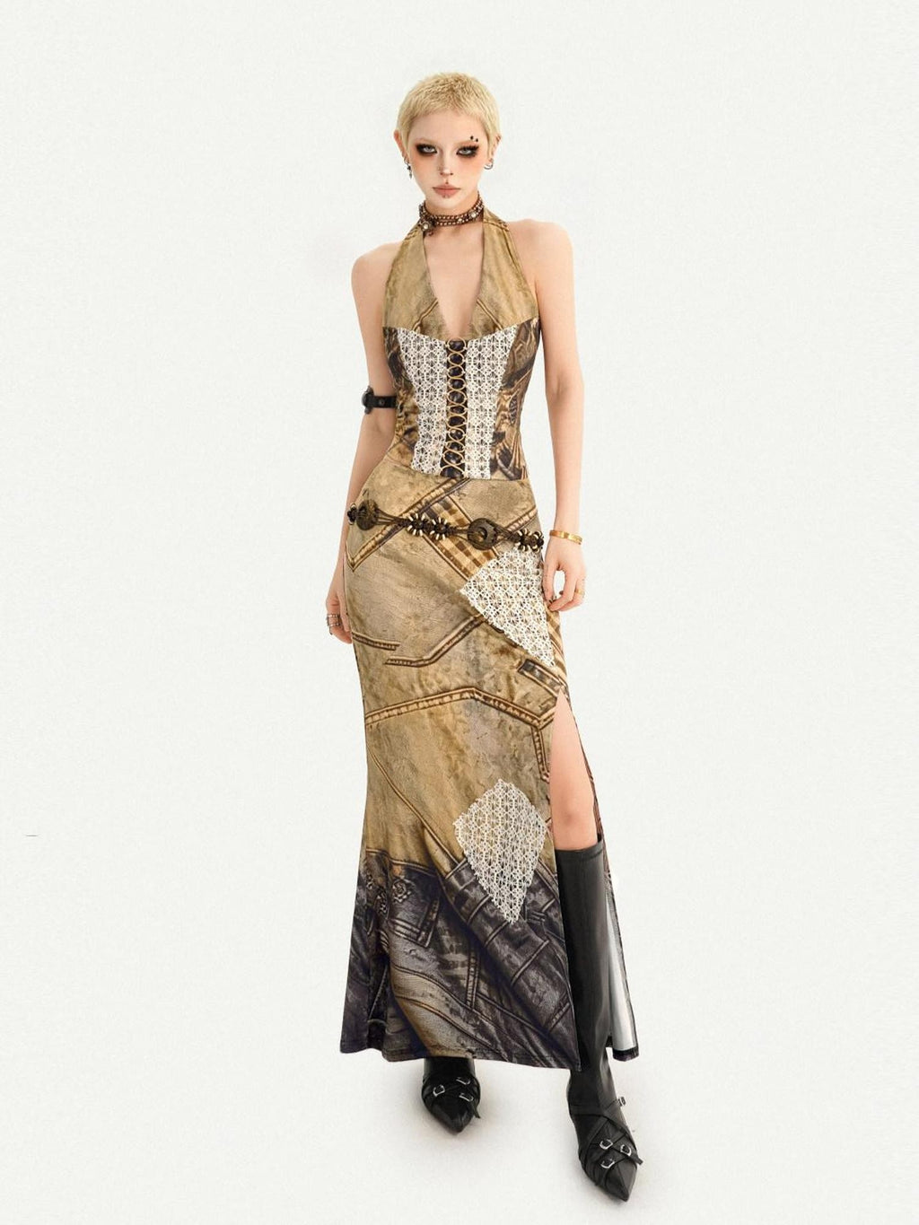 Nico Molly Vintage Brown Patchwork Lace Halter V-neck Women's Slip Maxi Dresses