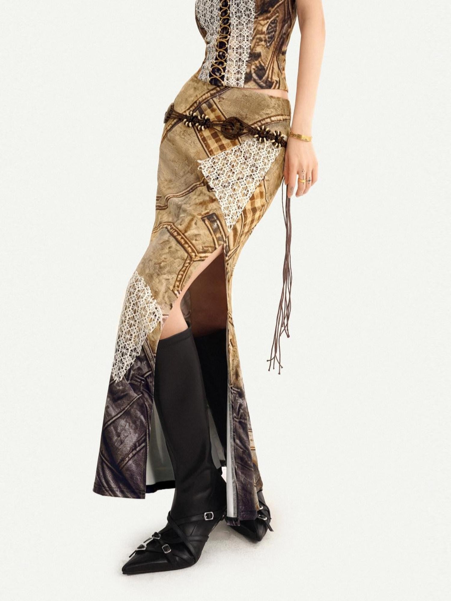 Nico Molly Vintage Brown Patchwork Lace Halter V-neck Women's Slip Maxi Dresses